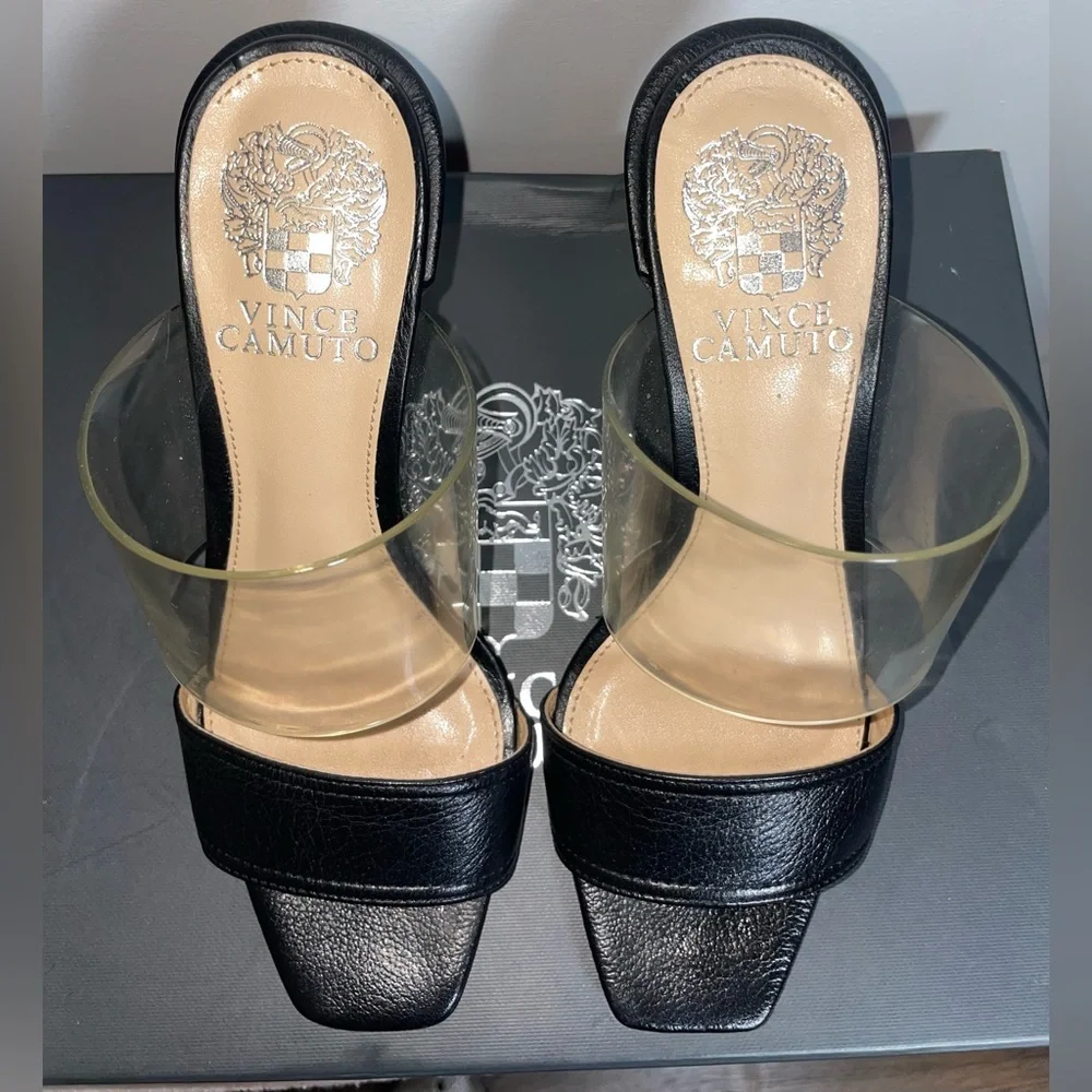 Vince Camuto Felima two strap wedge sandals clear lucite black leather size 5 - Picture 6 of 7